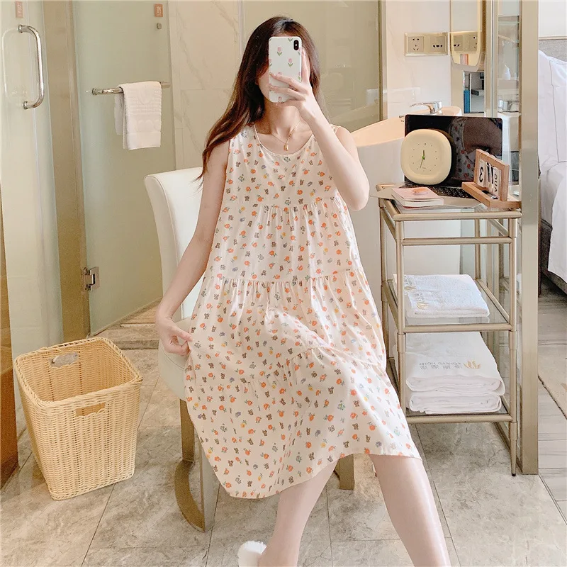 Summer Tank Top Dress Elegant Women\'s Nightgowns Thin Sleeveless Cotton Rayon Home wear Loose Printing Thin Nightdress