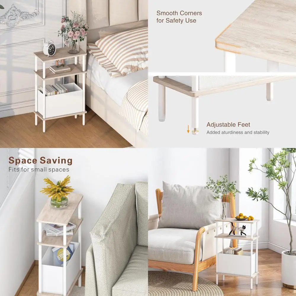 

Пара компактных приставных столиков с трехъярусными тканевыми корзинами, идеально подходит для небольших помещений, отделка из натурального дуба