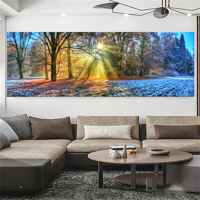 Autumn Forest Natural Landscape Canvas Painting Wall Art Yellow Sunrise Tree HD Pictures Posters for Bedroom Wall Decor Unframe