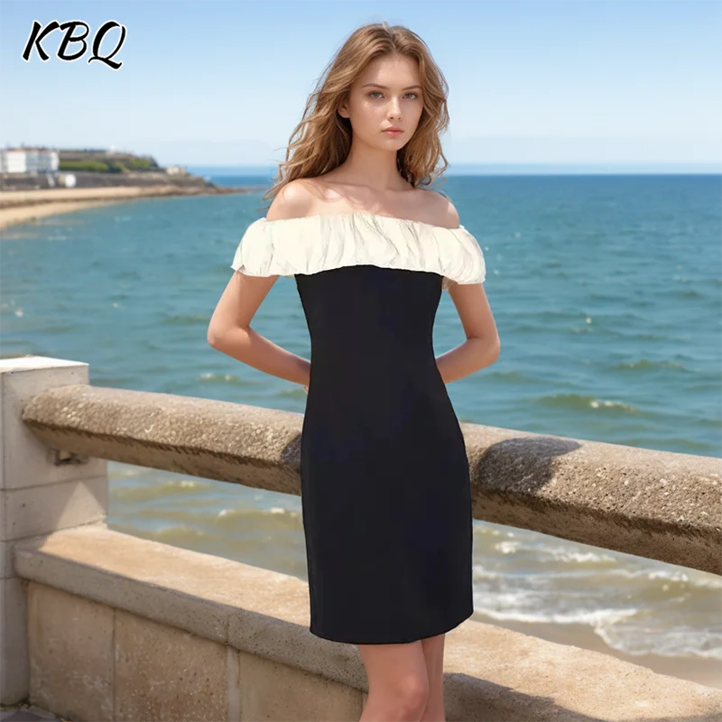 

KBQ Elegant Slimmming Dresses For Women Slash Neck Off The Shoulder Sleeve Backless High Waist Spliced Folds Dress Female Style