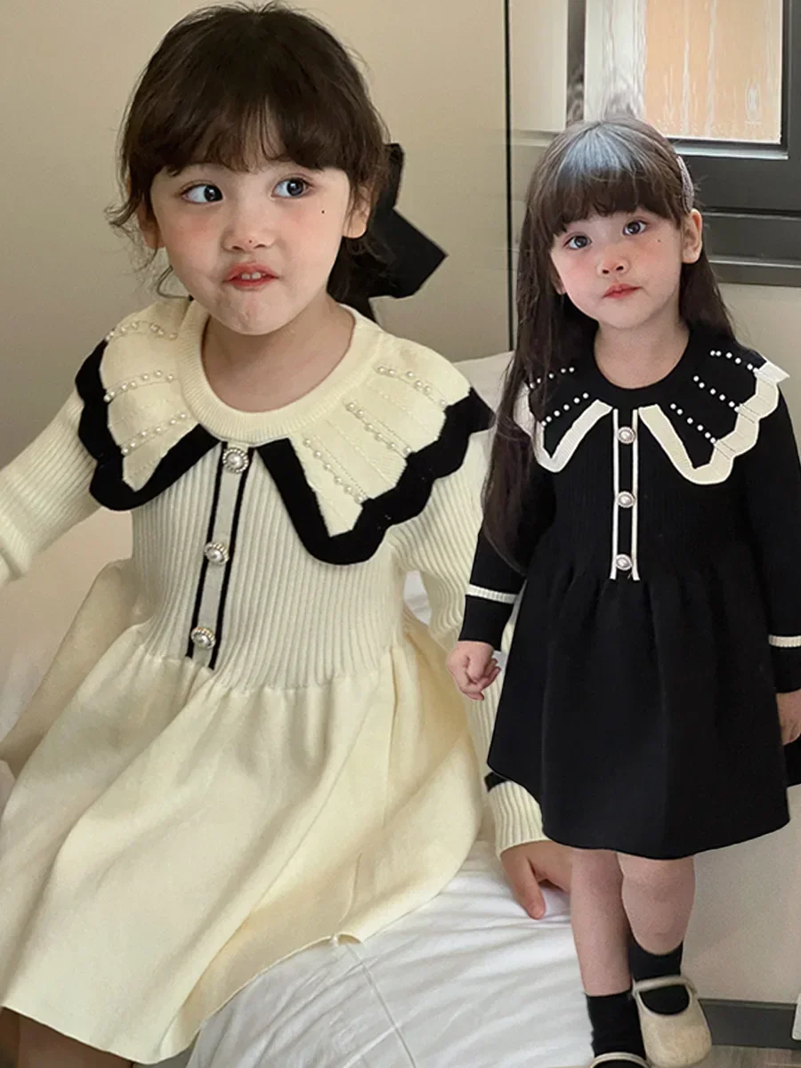 Girls Sweater Patchwork Dress Beaded Collar Lapel Winter Fall Dresses For Girls 2 3 4 5 6 7 8 9 10 Year White Black Clothing Kid