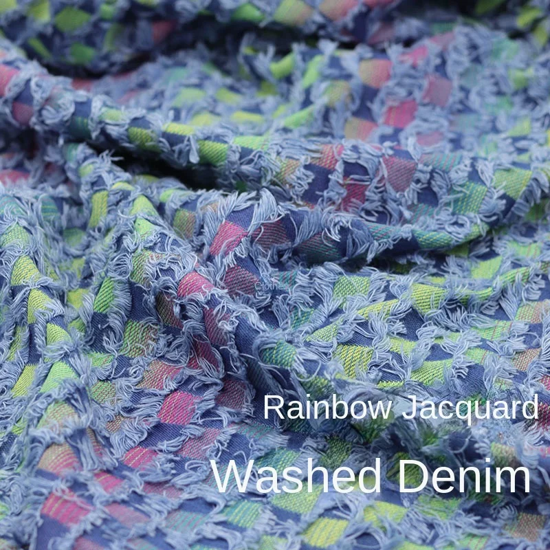 Jacquard Washed Denim Fabric Rainbow Yarn Tassels  Chessboard Grid Thick for Clothing Designer Diy Sewing By The Meter Cloth