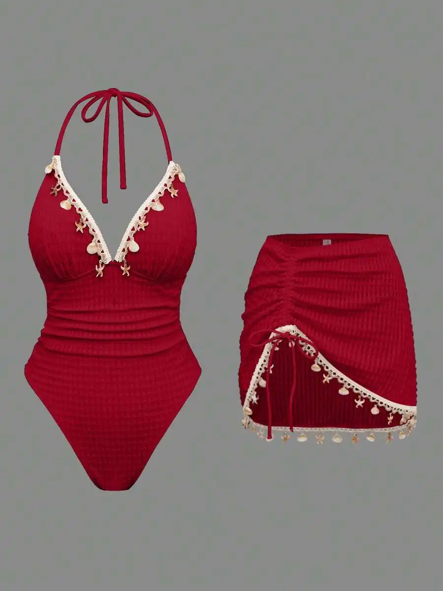 Women Boho Red Halter Neck One Piece Swimsuit With Beach Skirt