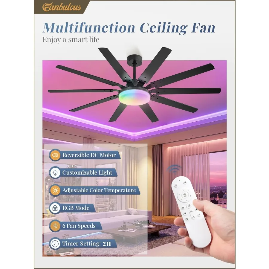 مراوح سقف RGB مقاس 65 بوصة مع أضواء ومروحة سقف سوداء خارجية عن بعد مع 10 شفرات مصباح LED 32 وات 3 CCT 6 سرعات قابلة للعكس #2