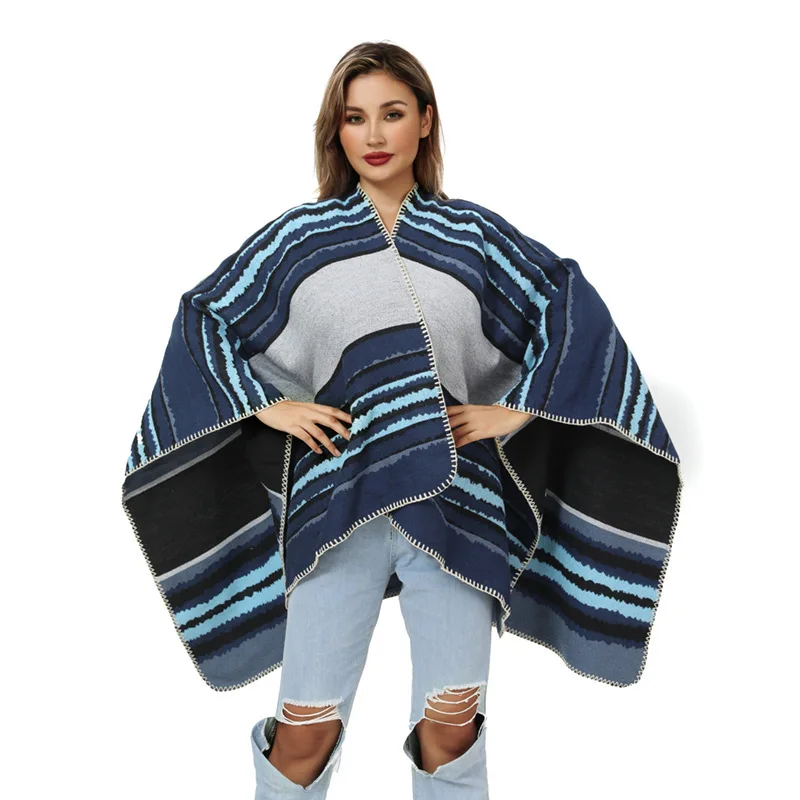 New Striped Cape Shawl for Women 2023 Amazon Winter Warm Split Scarf Cape