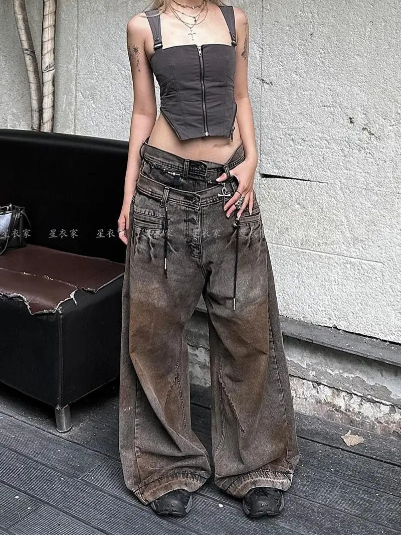 Women Korean Fashion Chic Jeans Grunge Japanese Harajuku Gyaru Y2K Denim Cargo Pants Cyber Punk Hip-pop 2000s Aesthetic Tomboy