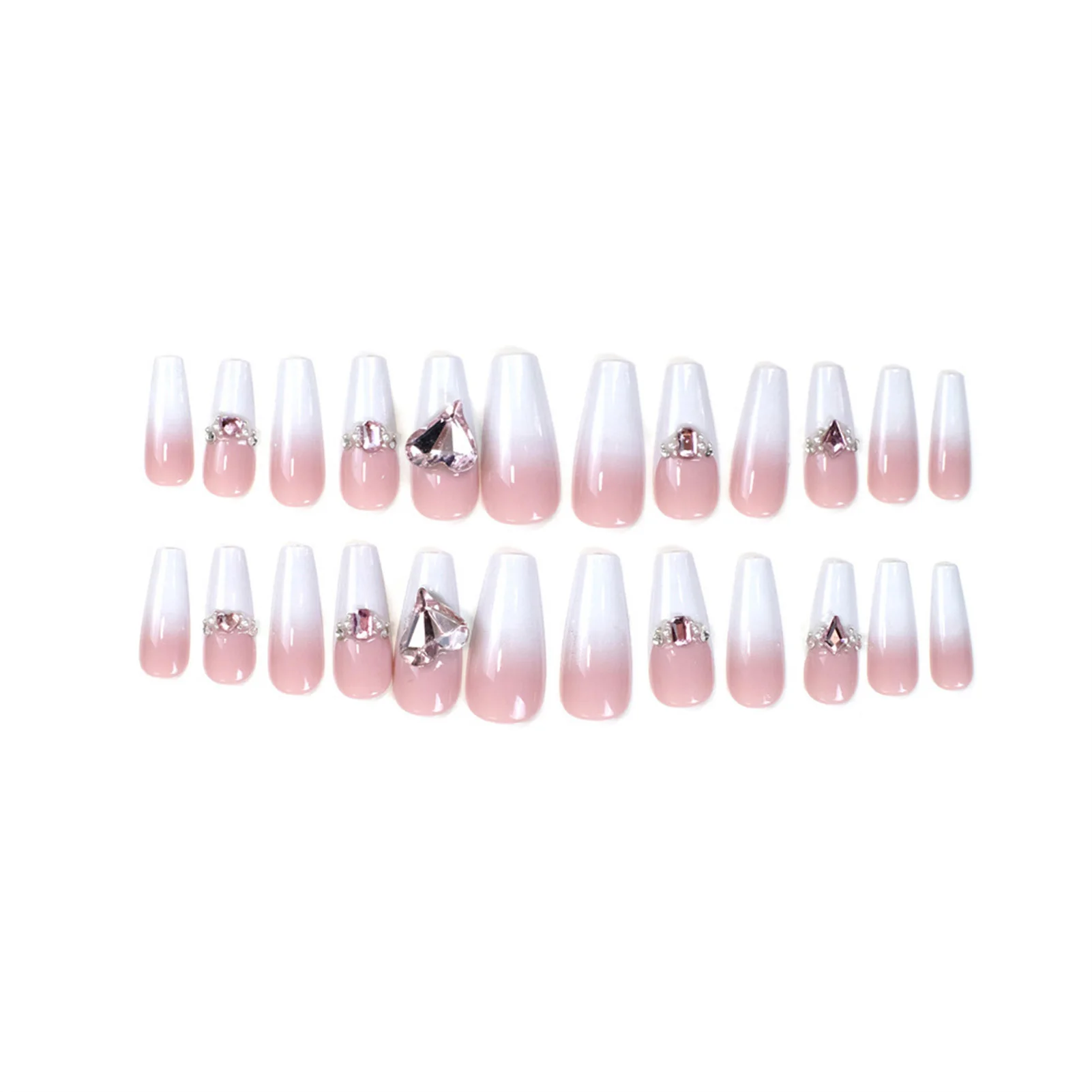 Pink Rhinestone Embellished Fake Nails Long Trapeziform with Diamond Decorations Nails for Manicure Lover Daily Home DIY