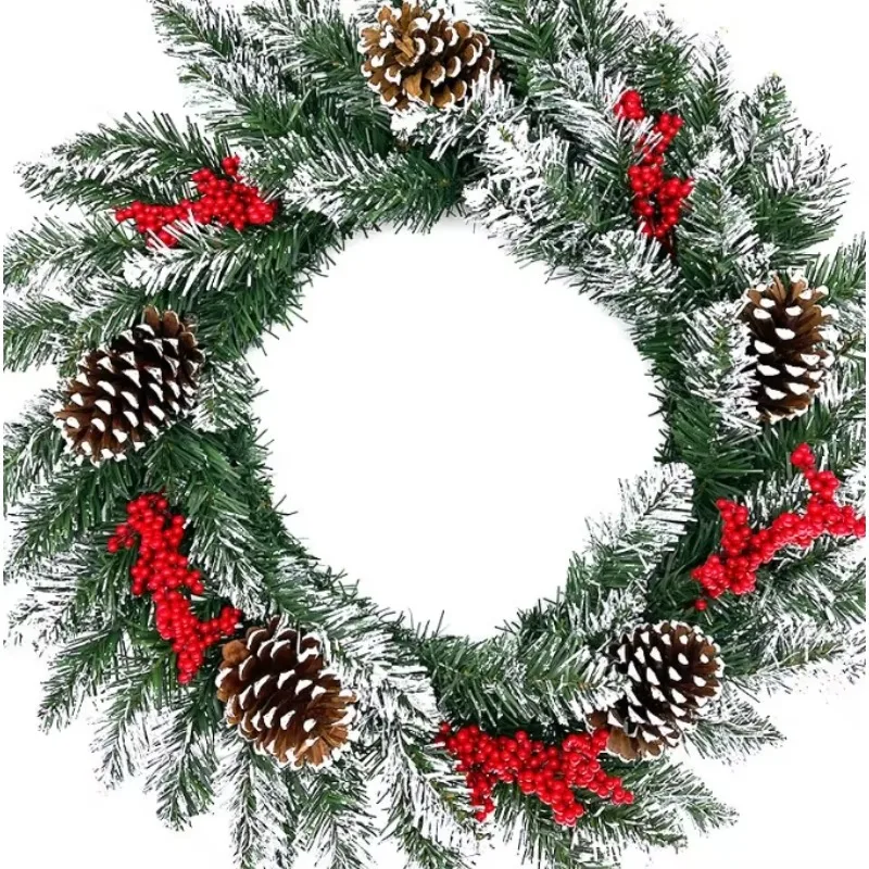 

Cranberry wreath with pine cones and bells Christmas, with snow, for fireplace Easter decoration
