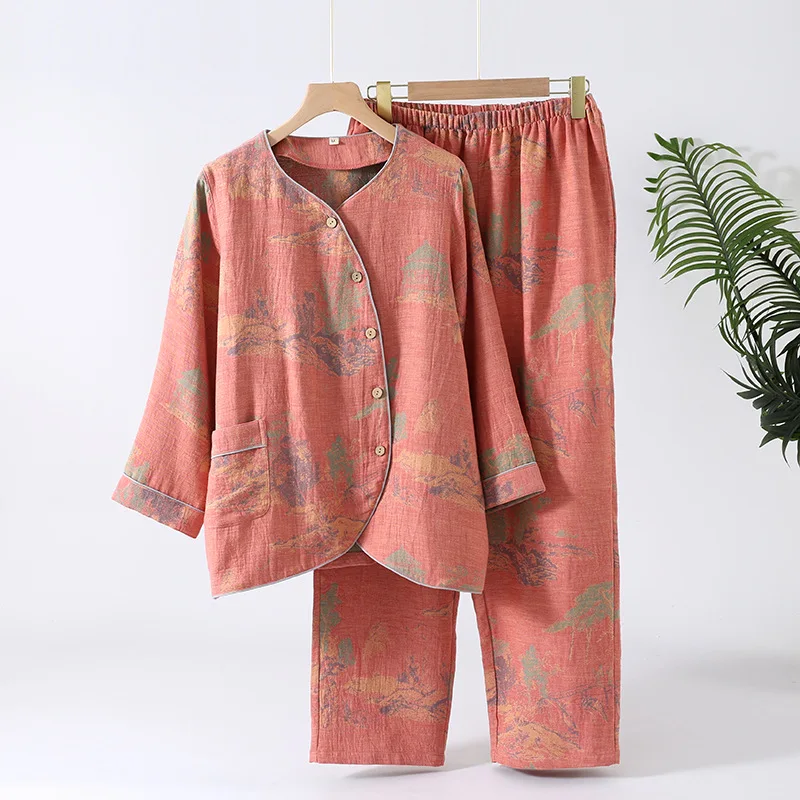 Lucky Tree Printed Long Trousers Pajamas Set Women's Cotton Retro Chinese Style Set Cotton Home Clothes for Ladies