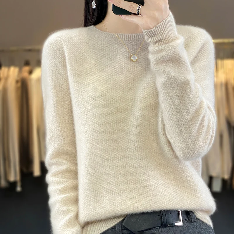 Jesień / zima Nowy sweter ze 100% czystej wełny Casual Solid Color Dzianinowa bluzka z okrągłym dekoltem Luźne topy Podstawowy sweter bazowy