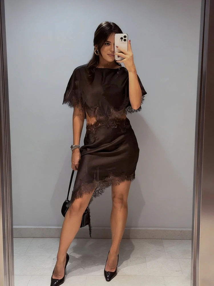 

Tossy Lace Patchwork Fashion Mini Dress Women's Hollow Out Sexy Commute Short Sleeve Party Dress Female Summer Printed Dress New