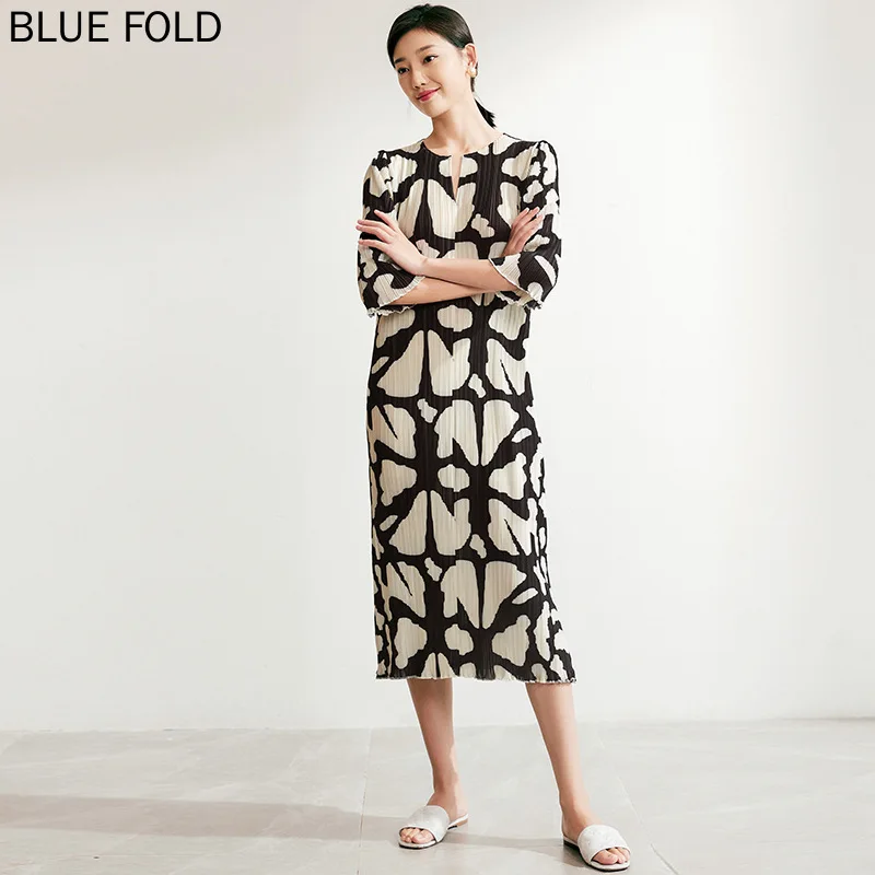 MIYAKE PLEATS-여성용 플리츠 프린트 롱 스커트, V넥, 슬림 원피스, 초가을, 빛, 새로운 스타일, 파티복