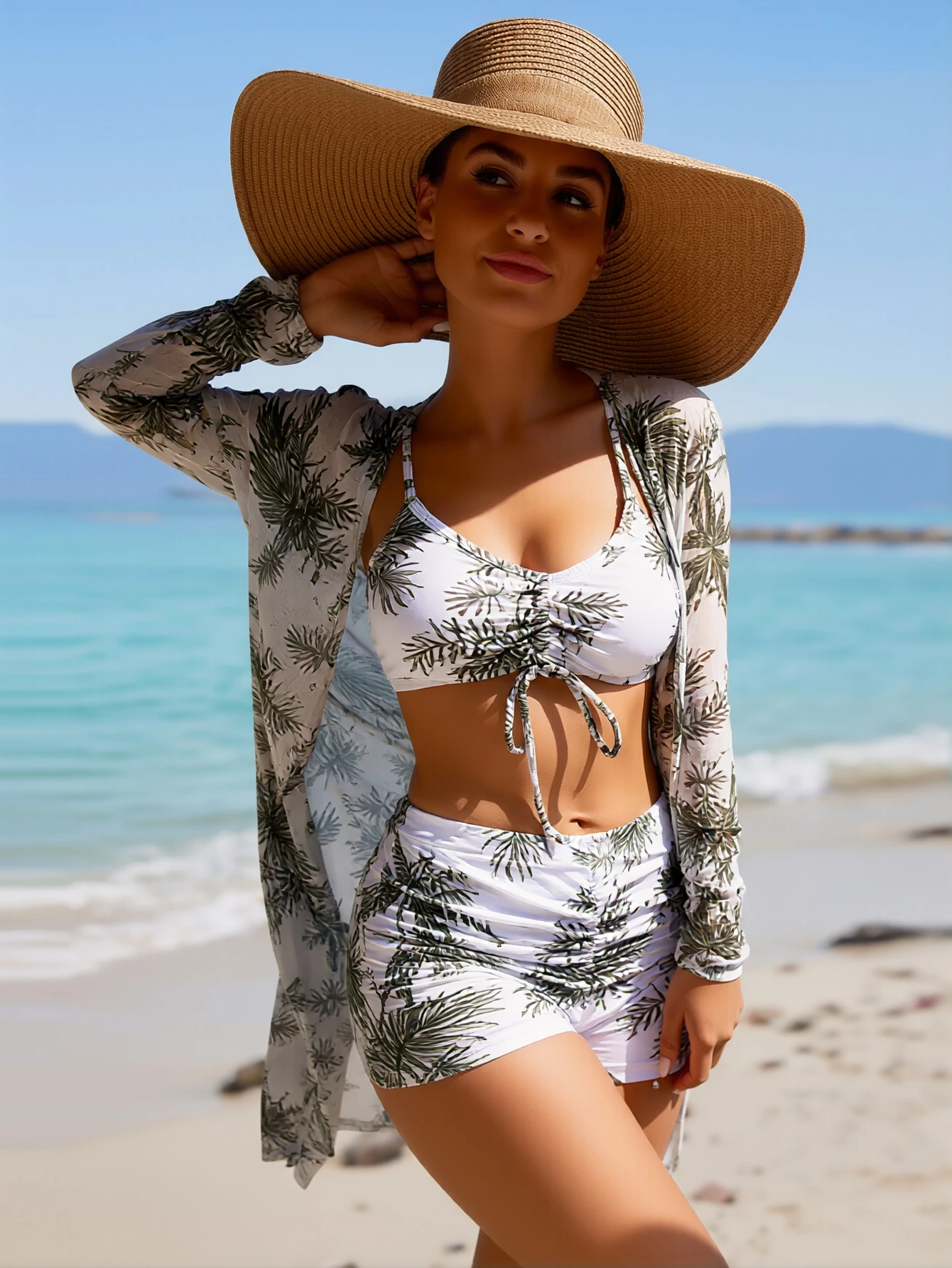 2026 New Pink Abstract Swirl Print 3 Piece Bikini Set, Front Tie Cami Crop Top High Waist Shorts Long Sleeve Kimono Cover Up view 5