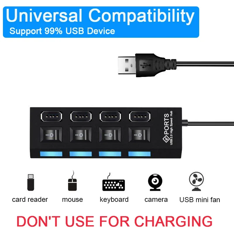 Multi USB Splitter com interruptor de luz LED para PC Laptops, Hi-Speed Hub 2.0 Adaptador, Extender, Lê Dados Estáveis, 4/7 Port
