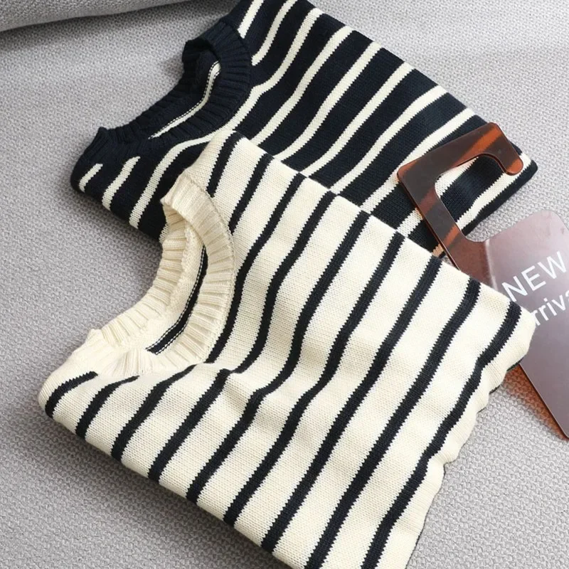 Knitted Tops Long Sleeve Soft Pullovers Fashion Striped Sweater Women Autumn Winter Loose Round Collar Office Lady Clothes 28976