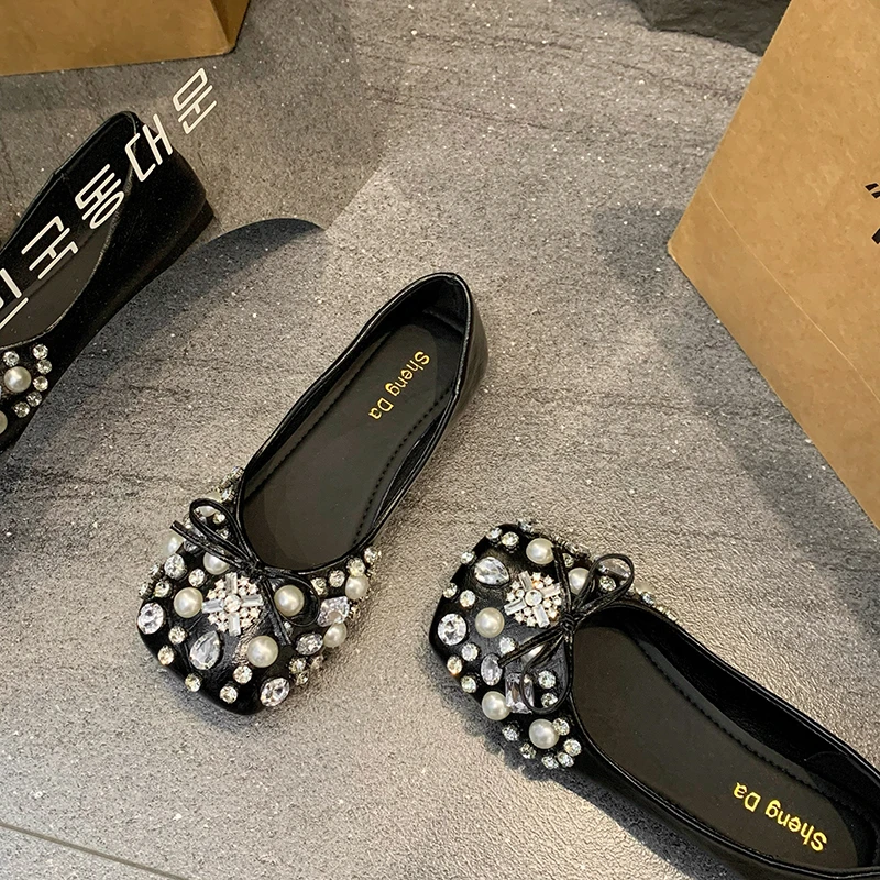 Plus Size Rhinestone Gold Wedding Shoes Bridal Shoes Comfortable Flat Square Toe Shoes for Women