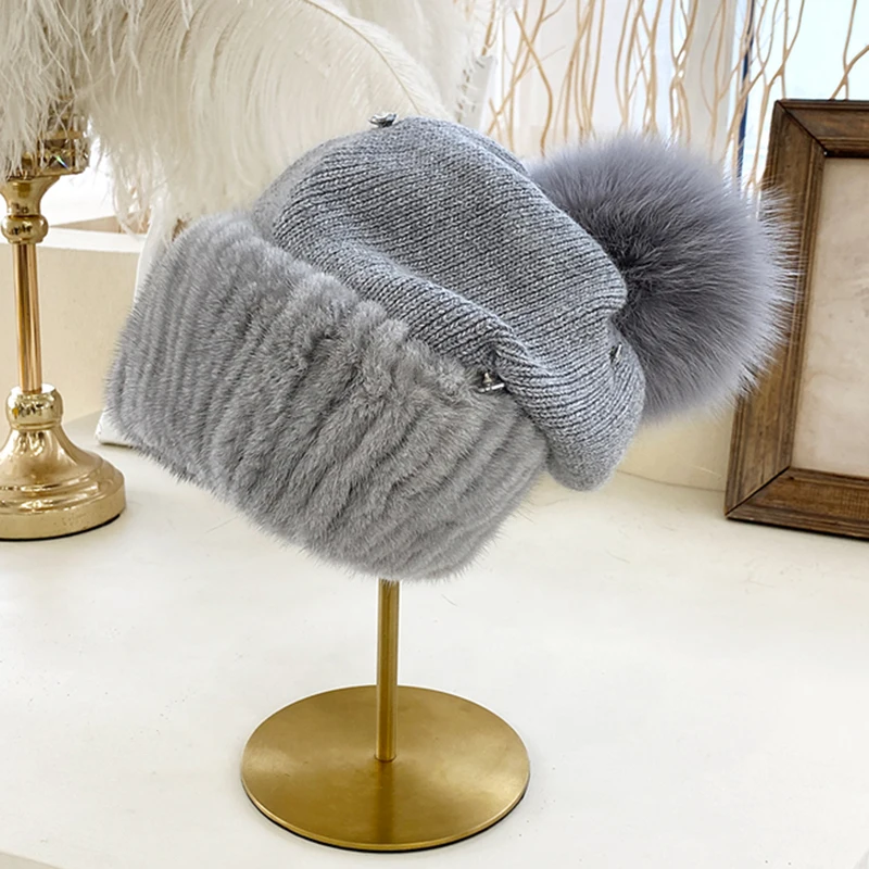 Top Quality Women\'s Winter Knitted Wool Belend Patchwork Real Mink Fur Hat Cap Natural Fox Fur Pom Poms Beanie Lady Fashion