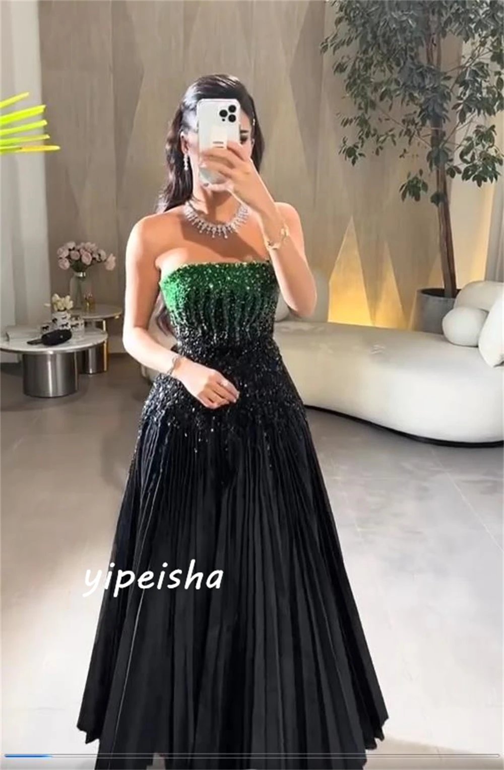 Prom Dress Saudi Arabia Yipeisha Sparkle Elegant Strapless A-line Beading Paillette / Sequins Draped Charmeuse Evening Dresses