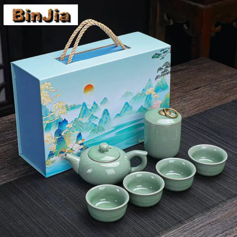 

Подарочный набор Кунг-фу Чайная чашка Простая керамическая Ge Печь Бытовой Новый инструмент Путешествия Портативные китайские фарфоровые наборы Полный горшок