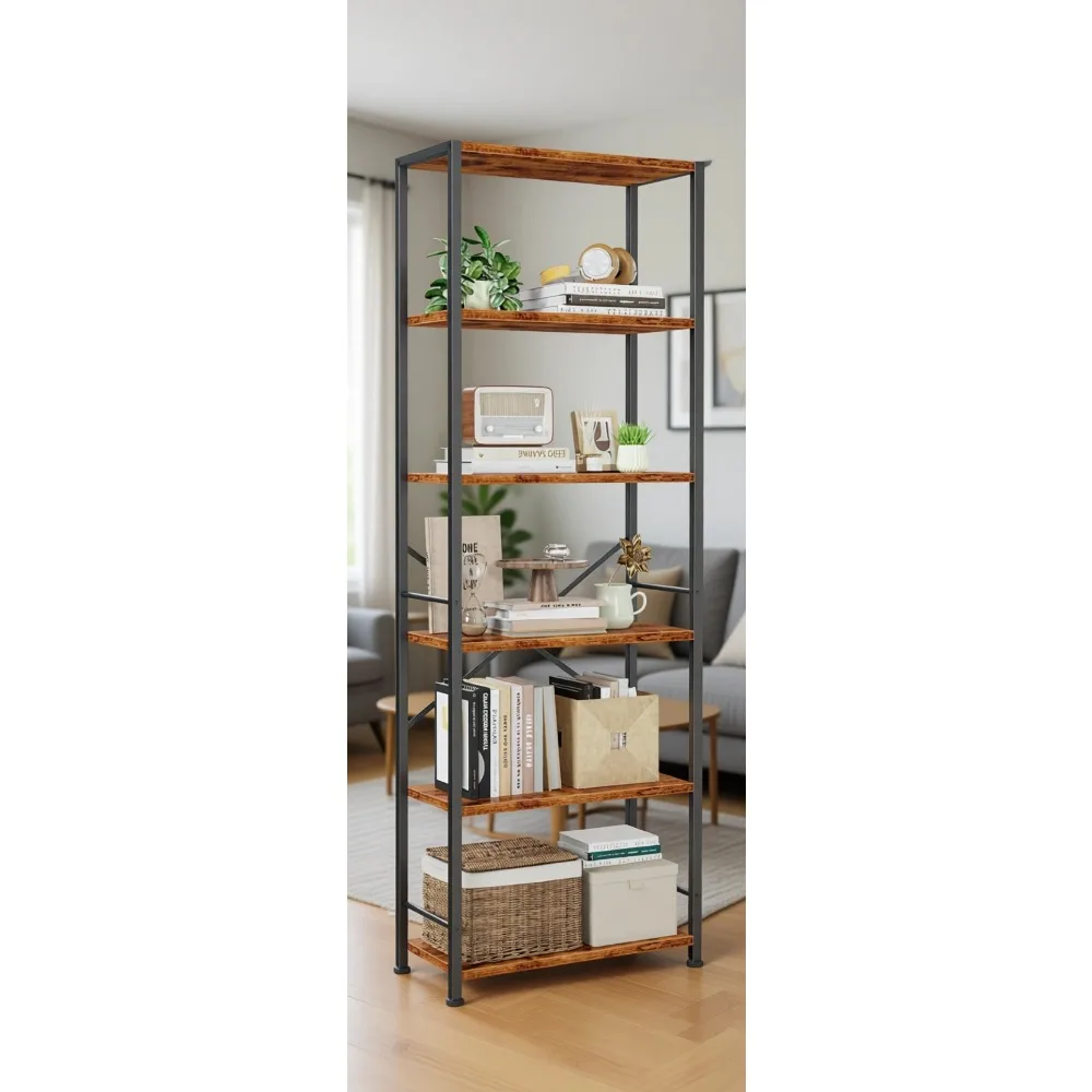 6 Tier Wide Metal Bookcase, Rustic Brown Industrial Shelves for Storage in Bedroom, Kitchen, Office