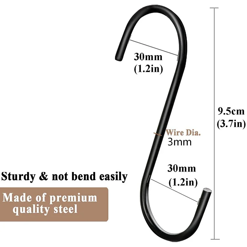 튼튼한 S 후크 미끄럼 방지 내구성 블랙 금속 후크, 스테인레스 스틸 행거, 식물 옷장, 정원 주방 액세서리