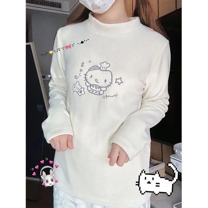 헬로키티 하이넥 일본 스타일 부드러운 벨벳 귀여운 스윗 캣 새로운 다용도 자수 긴팔 기본 티셔츠 탑 가을