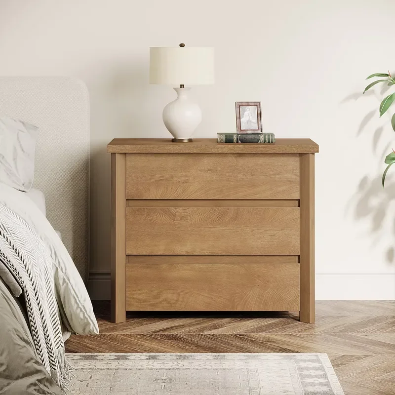 3-Drawer Multifunctional Nightstand Wooden Farmhouse Bedside Table for Apartment Bedroom Large Wide Nightstand