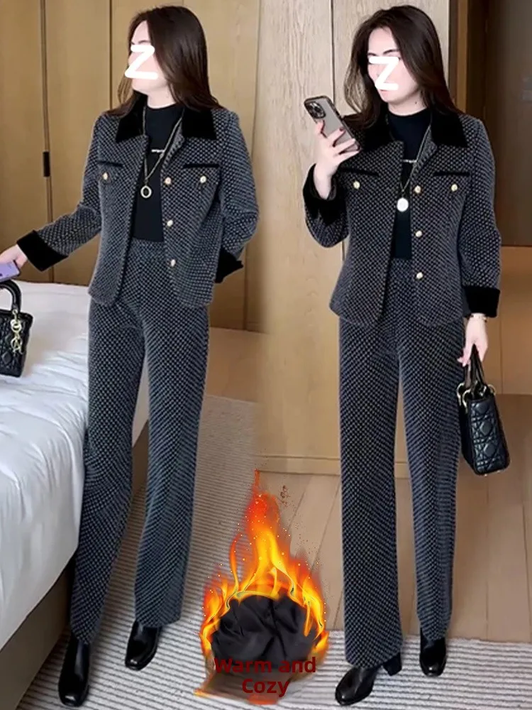 

Faionable Thiened Cotton Winter Set Women's Sli Slimming Coat And Wide Leg Pants Two Piece Set Casual Wear for All Se...