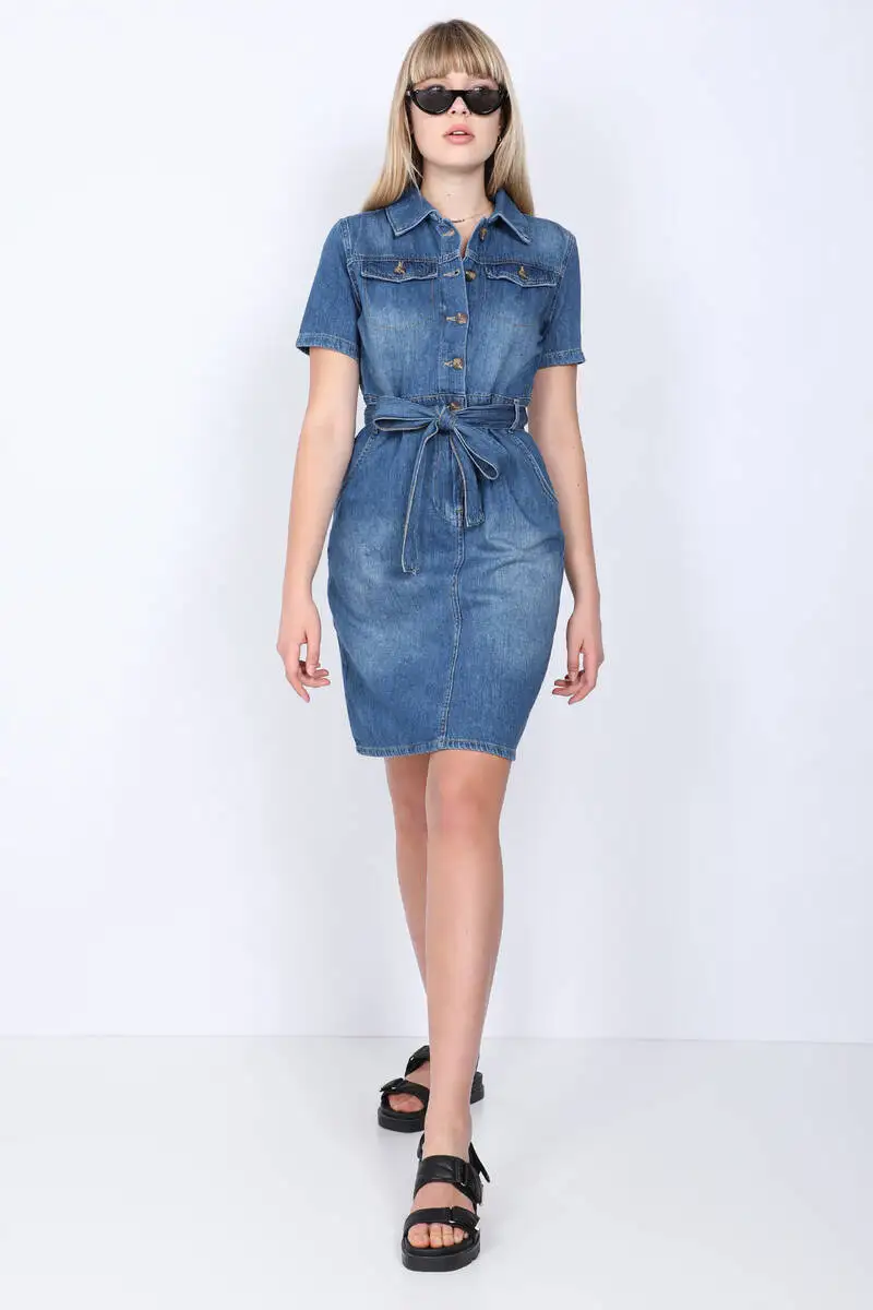 Women's dark blue belt short sleeve Jean dress