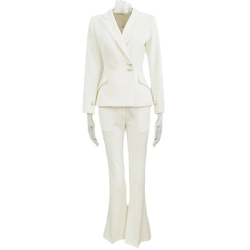 2025 New Fashionable And Minimalist Style Pearl Button Slim Fit Suit With Micro Flared Pants Set, Two-Piece Set