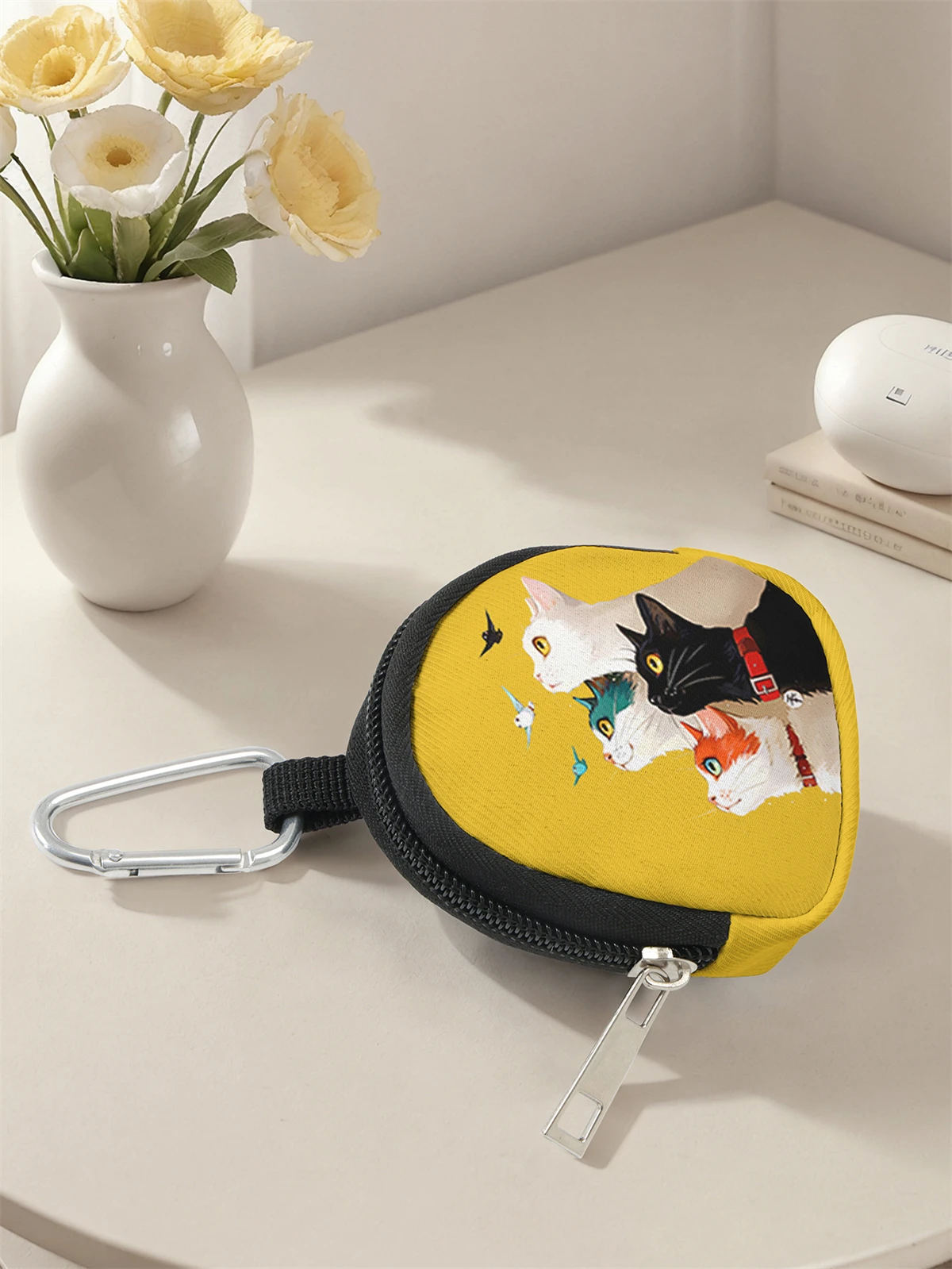 محفظة صغيرة مطبوعة بنمط قطة، حقيبة تغيير بسحاب مع مشبك خطاف، حقيبة مفاتيح لسماعات الرأس، مناسبة للرجال والنساء #4