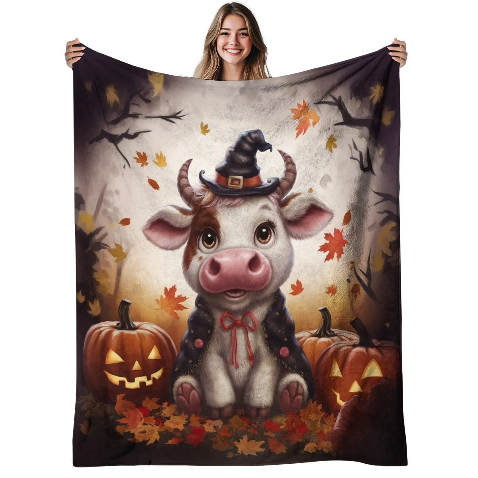 Halloween Cow Pumpkin Witch Hat Fantasy Fleece Blanket for Spooky Bedroom Decor Soft Warm Throw Blanket Wrap