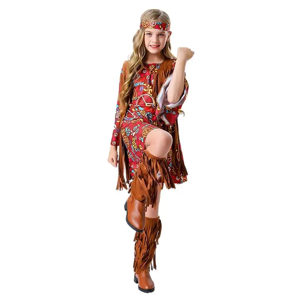 Cos Hippie Cosplay Kostuum Outfits Fantasie Jurken Hoofddeksels Halloween Carnaval Pak Accessoires Voor Kinderen Meisjes Rollenspel