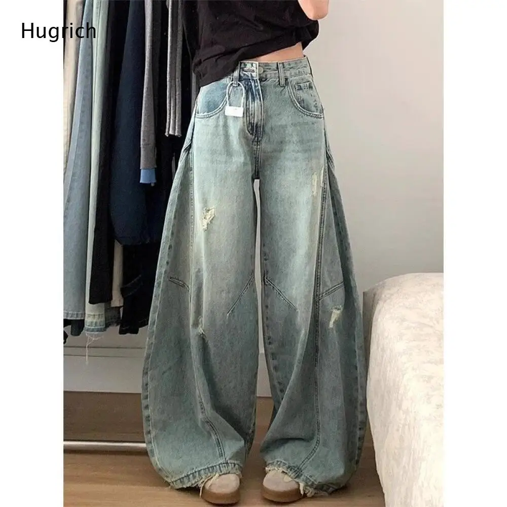 

High Waist Baggy Wide Leg Denim Pants Retro Washed Ripped Detail Seam Stitching Raw Hem Loose Floor Jeans