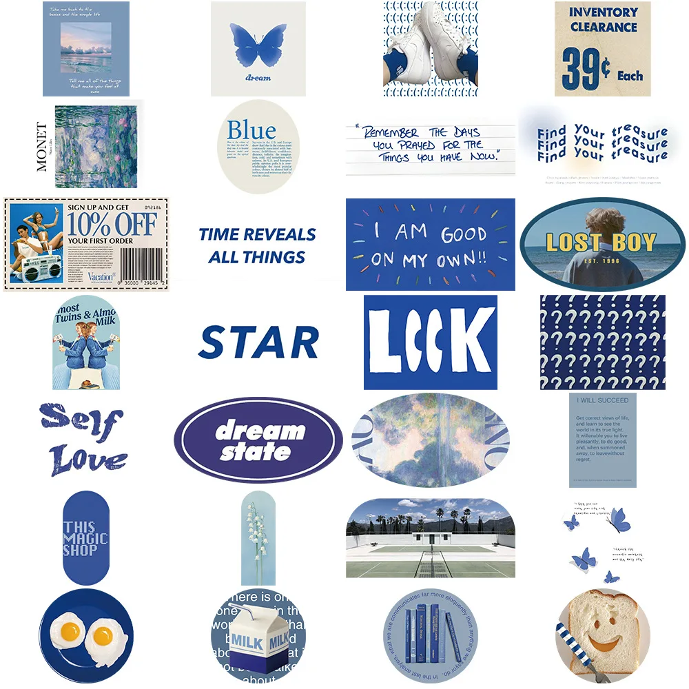 10/30/57PCS Aesthetics Blue Stickers Ins Style Decal Decoration Suitcase Scrapbooking Phone Laptop Stationery Kid Toy Sticker