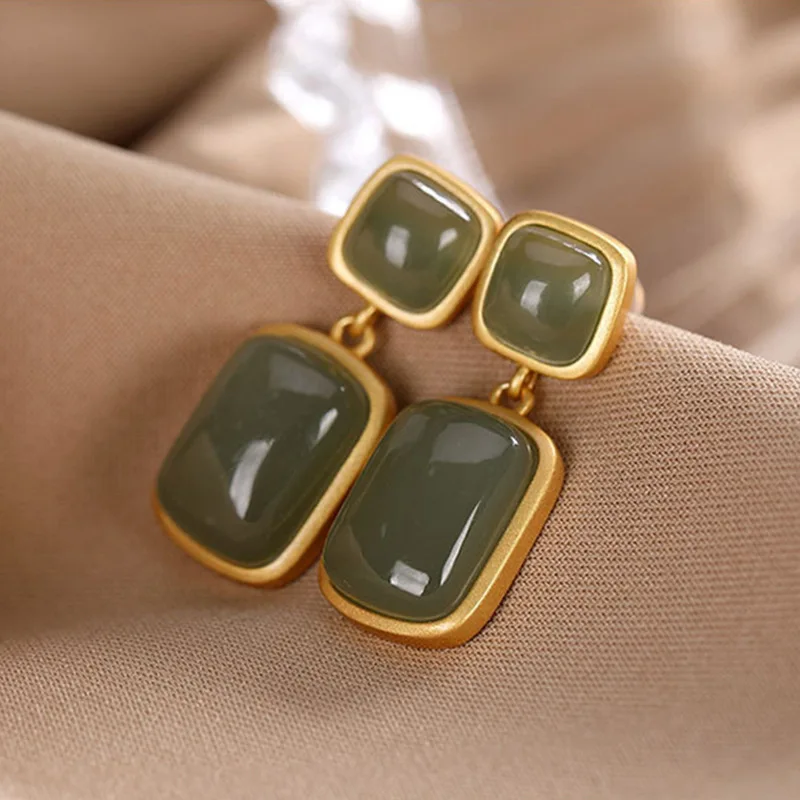 Natural Jade Earrings Gifts for Women Lucky Charm Carved Gemstone Ear Stud Designer Fashion Accessories Real Jewelry