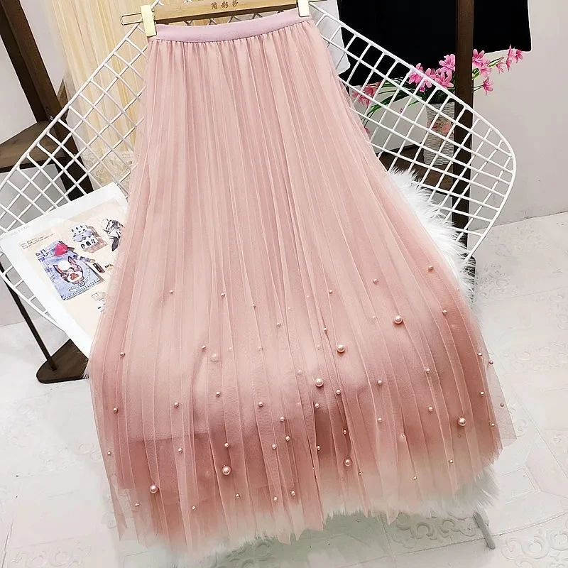 Female New Heavy Lndustry Nail Bead Mesh High Waist Skirts Women Spring Autumn Fashion Fairy Minimalist Mid Length Pleated Skirt