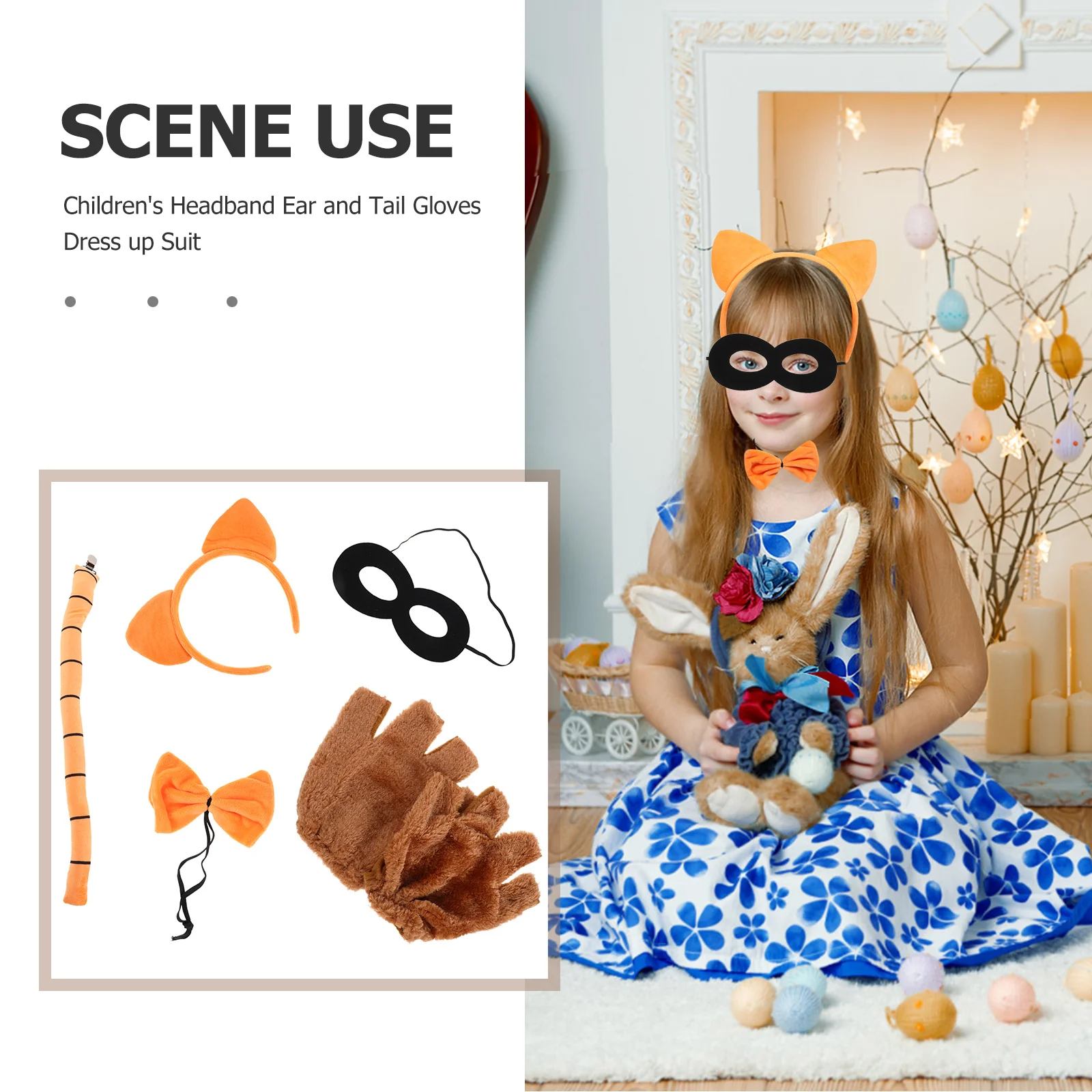 Halloween Oranje Kat Kostuum Set Kinderen Oren Hoofdband Staart Handschoenen Strikje Zwart Masker Verjaardagsfeestje Cosplay Accessoires