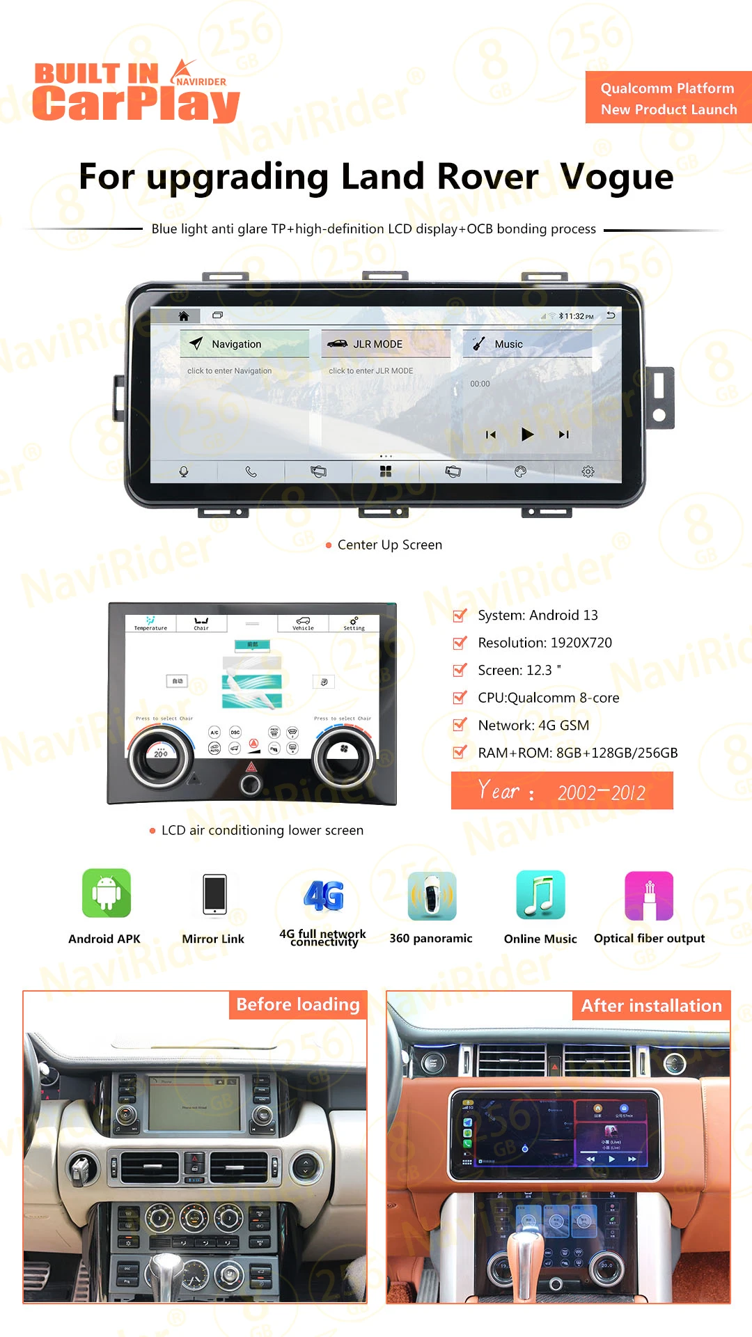 Android For Land Range Rover Vouge L322 V8 2002 2012 Multimedia CarPlay Auto Stereo With AC Screen Car Video Player Navigation