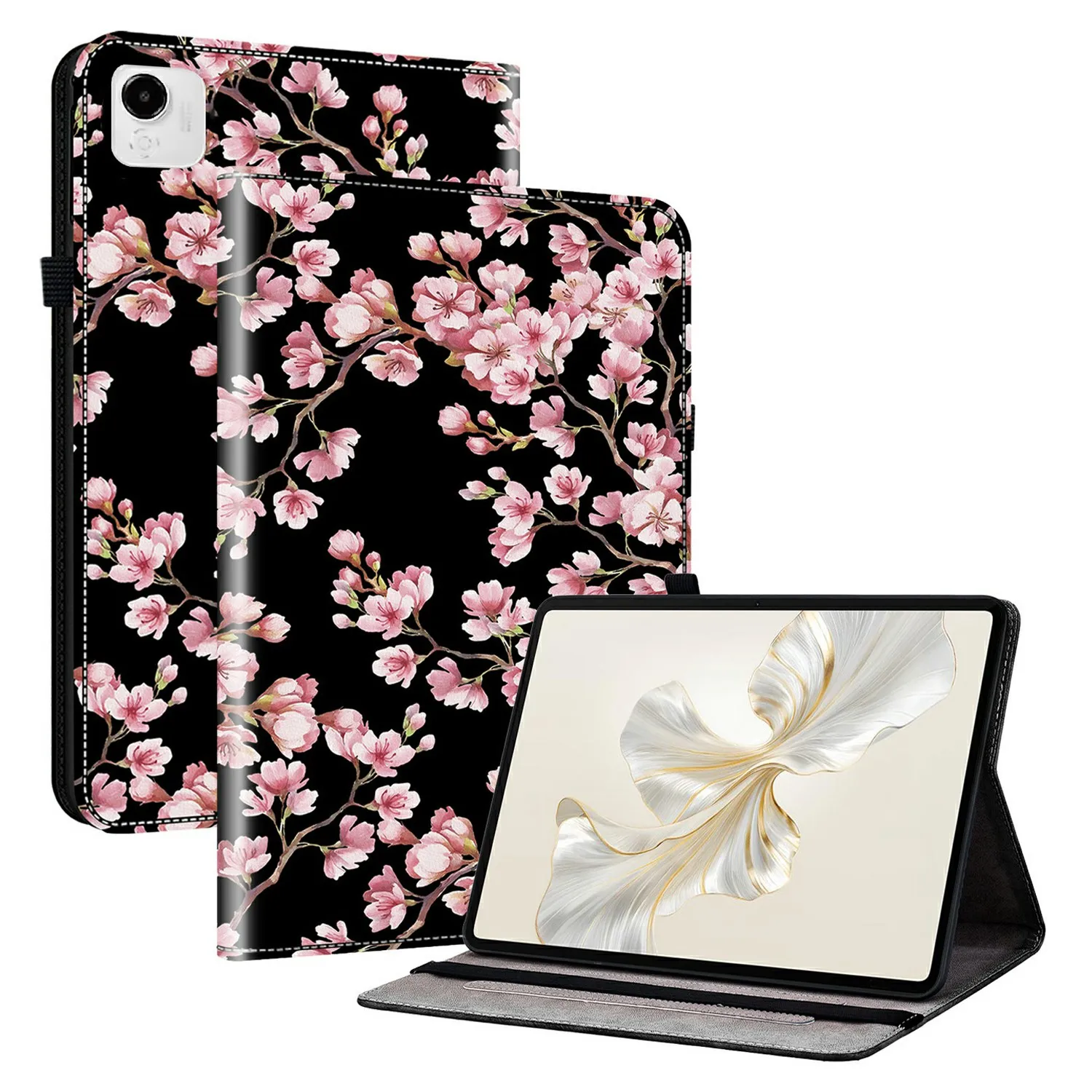 

Для Honor Pad X9a Кожаный чехол с рисунком и подставкой для планшета с отделениями для карт - Цветок сливы