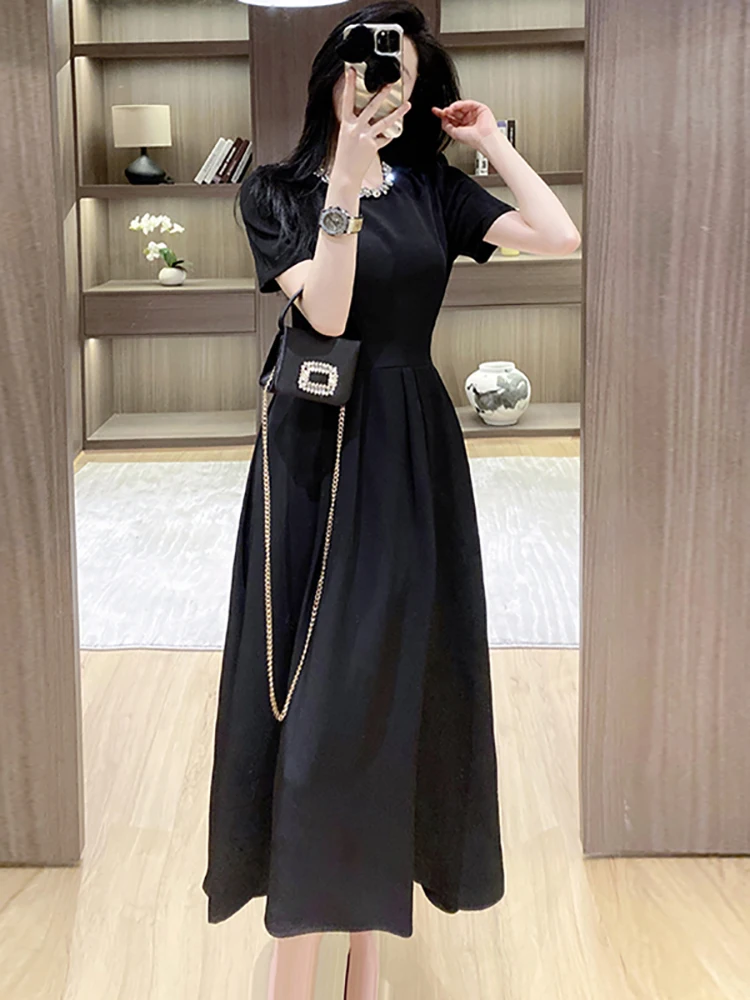 

2025 Black Short Sleeve Chic Diamonds O-Neck Long Dress Women Korean Vintage Hepburn Dress Summer Elegant Bodycon Evening Dress
