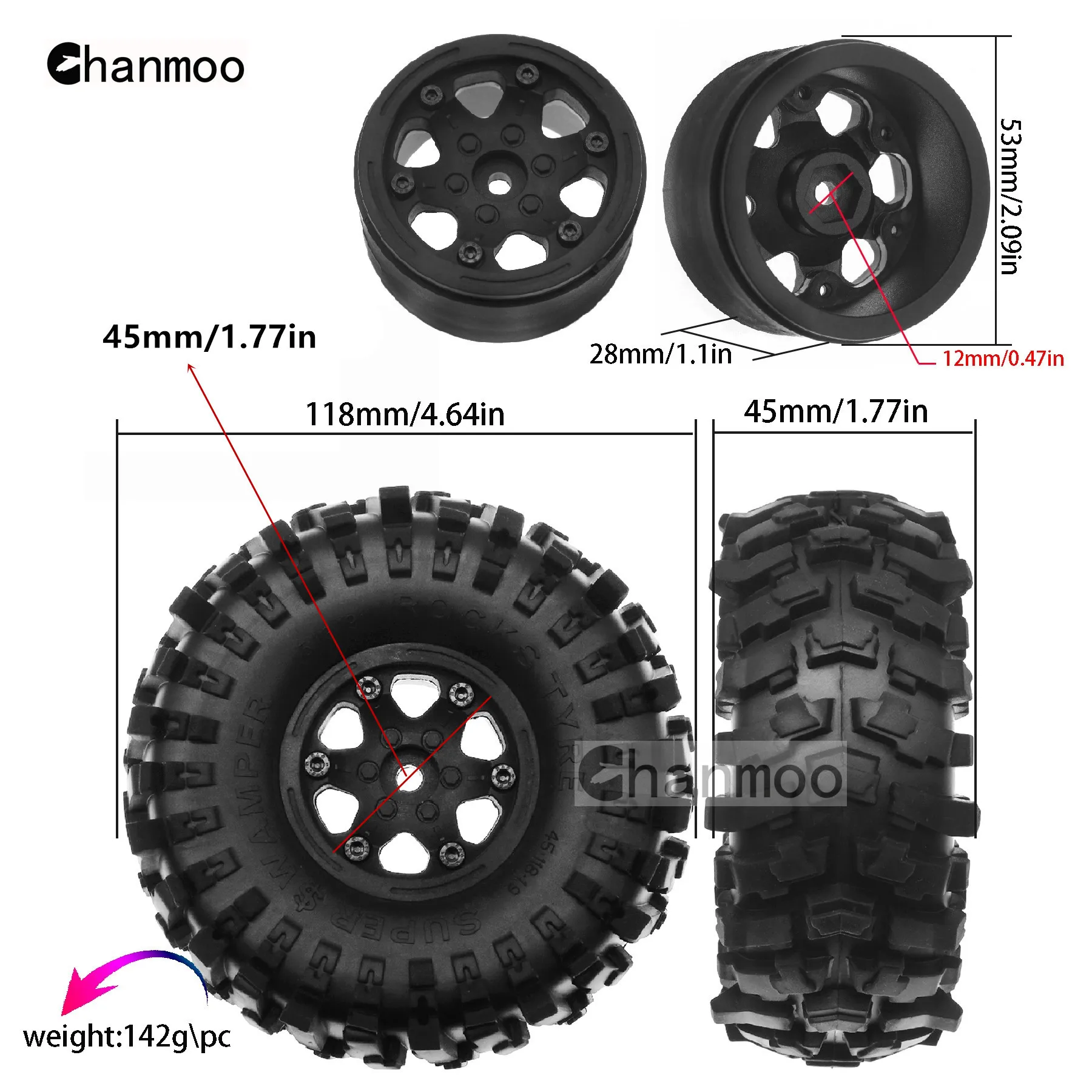 1.9インチ RCクローラー用ラバータイヤ＆プラスチックホイールリムセット 1/10 Axial SCX10 90046 AXI03007 TRX4 RBX10 Redcat Gen8 Traxxas 4WD D90対応