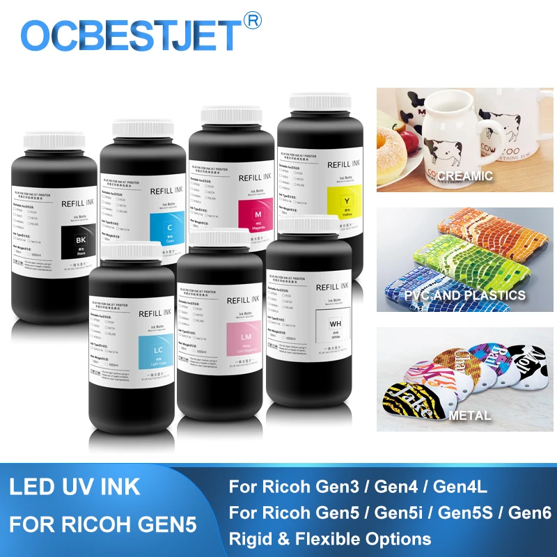 

1000ML LED Curable UV Ink For Ricoh Gen3 Gen4 Gen4L Gen5 Gen5i Gen5S Gen6 G3 G4 G5 G5i G6 Printhead Rigid & Flexible Type UV Ink