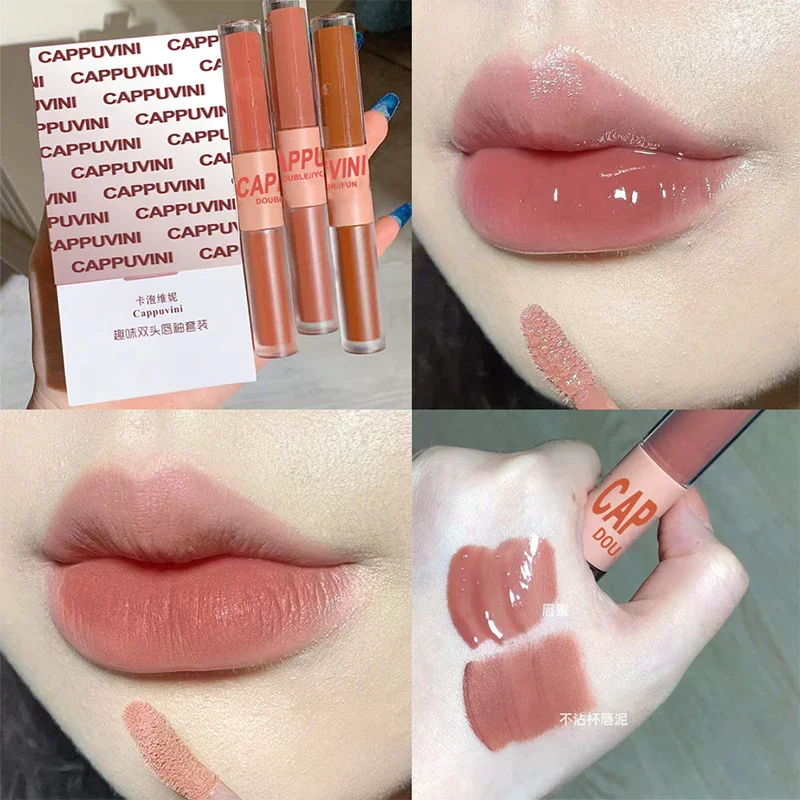 Cappuvini Double Ended Lip Glaze Full Gloss Mirror Matte Velvet Long Term Color Moisture Lip Gloss Anti Stain Cosmetic Lip Glaze