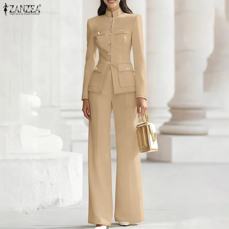 

Women's Vintage Pant Suits Stand Collar Long Sleeve Top & Casual Pant 2 Pieces Sets ZANZEA Elegant Commuting Work Wear Outfits
