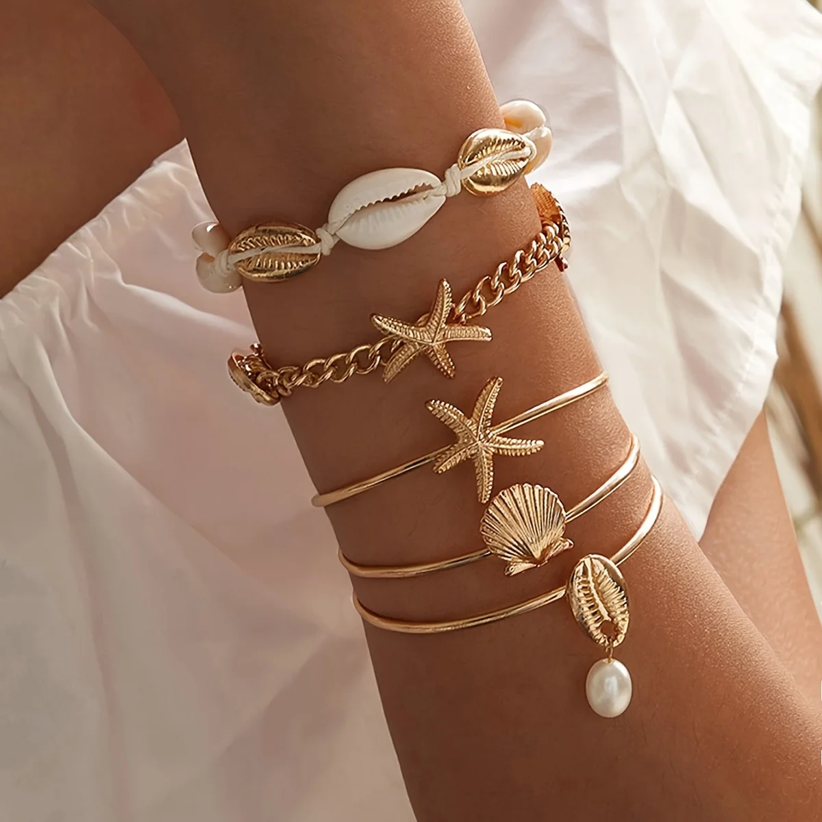 Fashion Luxury Women's Bracelet Starfish Shell Pendant Bracelet Set Beach Vacation Accessories