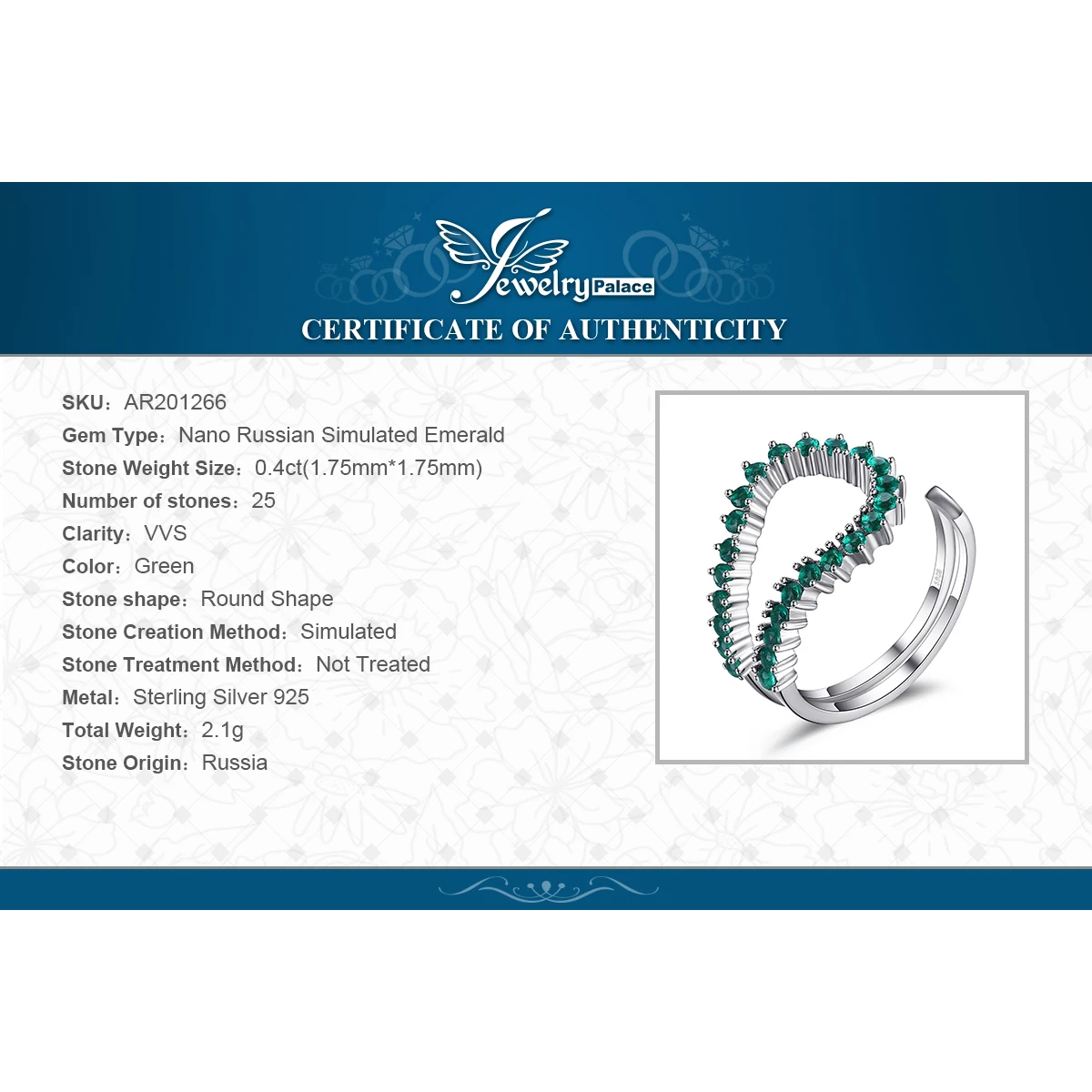 JewelryPalace Simulated Nano Emerald 925 Sterling Silver Open Adjustable Ring for Women Statement Green Gemstone Fine Jewelry