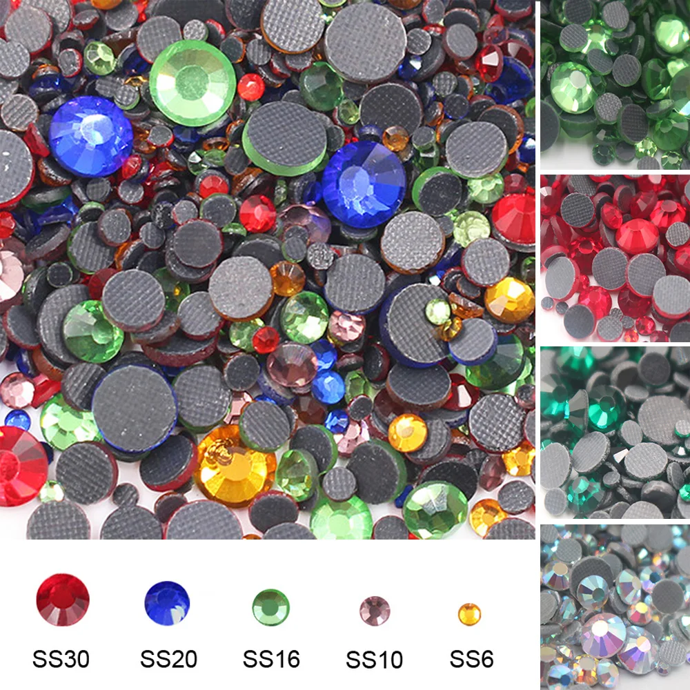 1440pcs SS6-SS20 Flatback Multiple Colors Hot Fix Rhinestones Black Crystals Strass Stones Adhesive Base Glass Beads Rhinestones