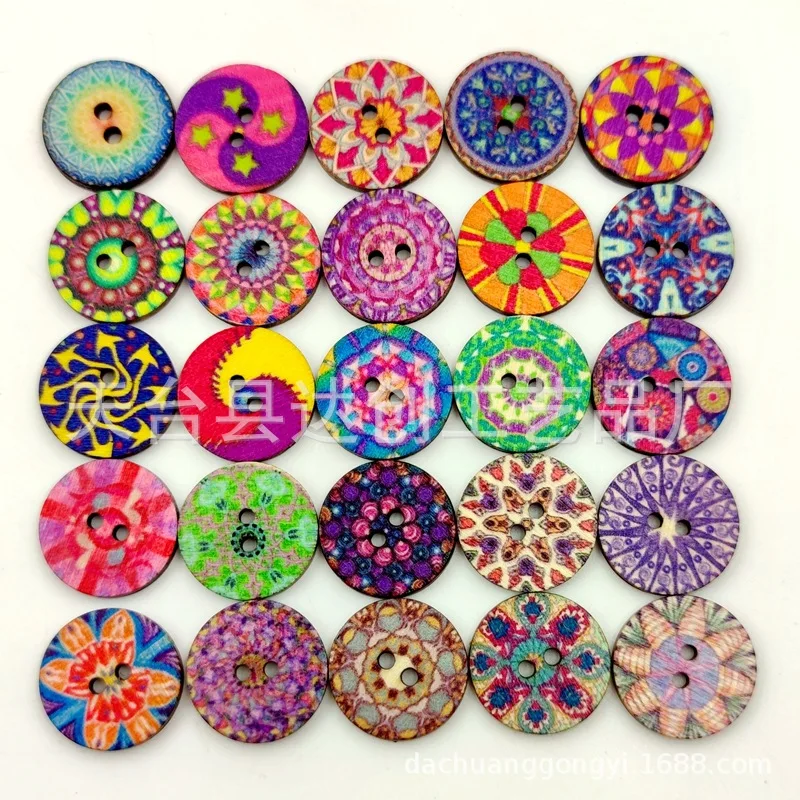 15/20/25 mm a variety of retro log disc buttons, painted printed wood buttons 100 per pack