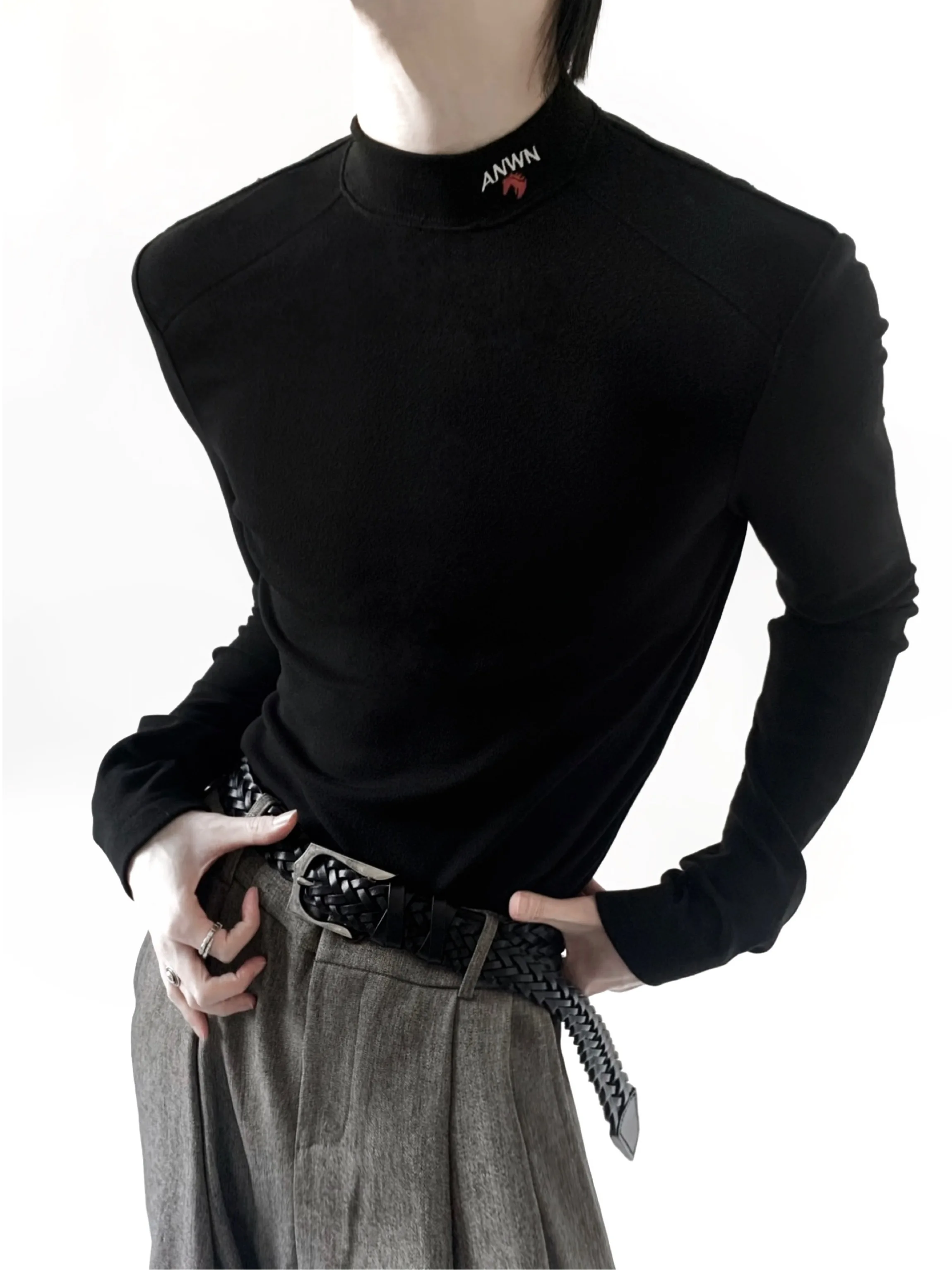 Elegant Embroidered  Head Half High Collar Slim Fit Men's Base Shirt Shoulder Pad Black Inner Wear Commute City Walk